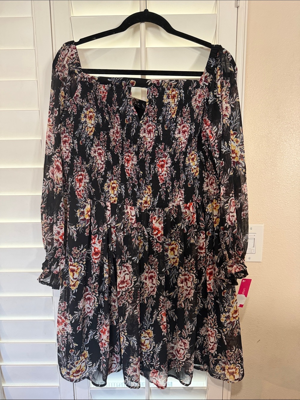 Xhilaration Black Floral Smocked Neck Long Sleeve Dress